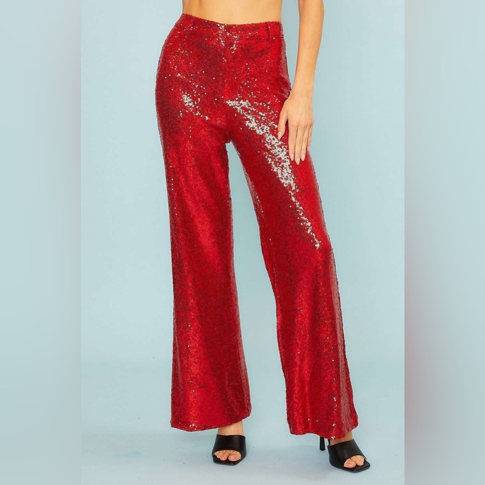 High Rise Wide Leg Sequin Trouser Pants - Main Strip